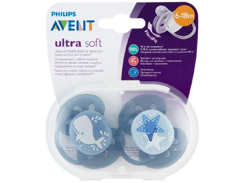 پستانک ارتودنسی دو عددی نوزادی 18-6 ماه مدل ultra soft فیلیپس اونت philips avent