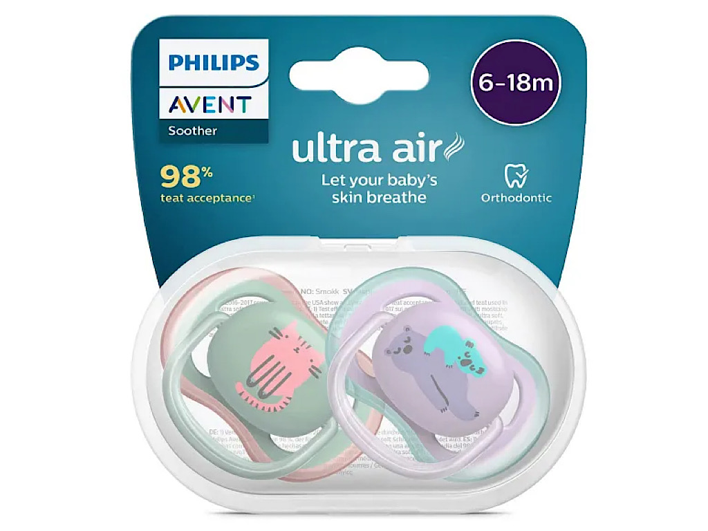 پستانک ارتودنسی دو عددی نوزادی 18-6 ماه مدل ultra air فیلیپس اونت philips avent