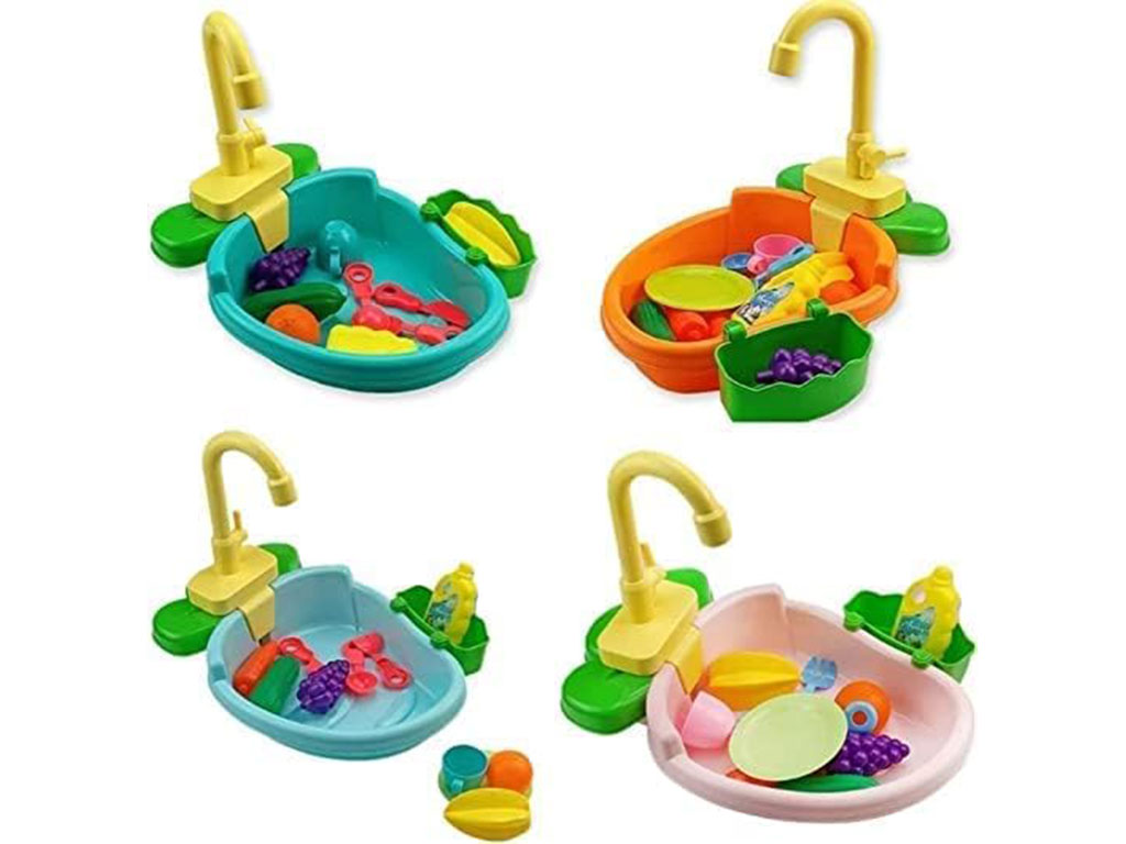 سینک ظرفشویی با شیرآب دارای پمپ همراه با لوازم آشپزخانه اسباب بازی