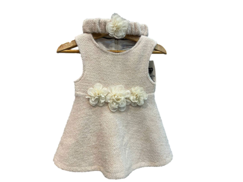 سارافون و هدبند موهر نوزادی کرم رنگ با گل های برجسته