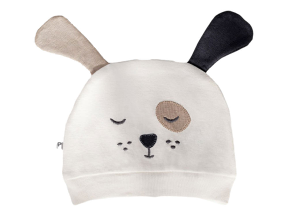 کلاه نخی نوزادی رنگ شیری طرح سگ پاپو papo