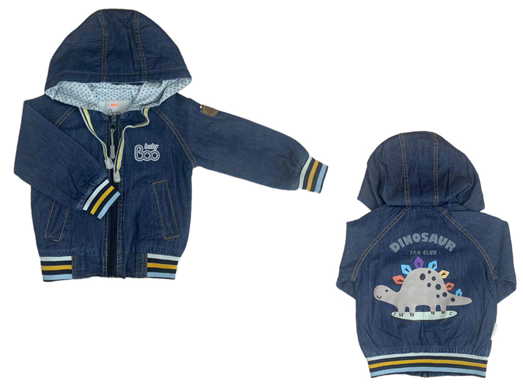 سویشرت جین کلاه دار پسرانه پشت طرح دار نوزاد و کودک رنگ آبی تیره بیبی بو baby boo