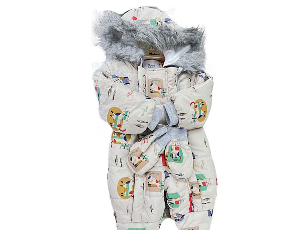 کاپشن سرهمی کلاه دار با دستکش و پاپوش نوزادی طرح گربه BABY BOO