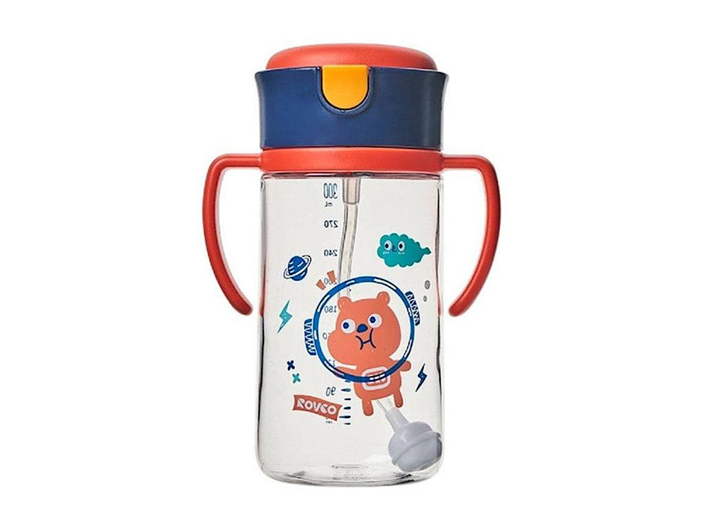 لیوان نی دار آموزشی سوپاپ دار نوزادی بالای 6 ماه حجم 300 میلی لیتر طرح حیوانات رووکو  ROVCO