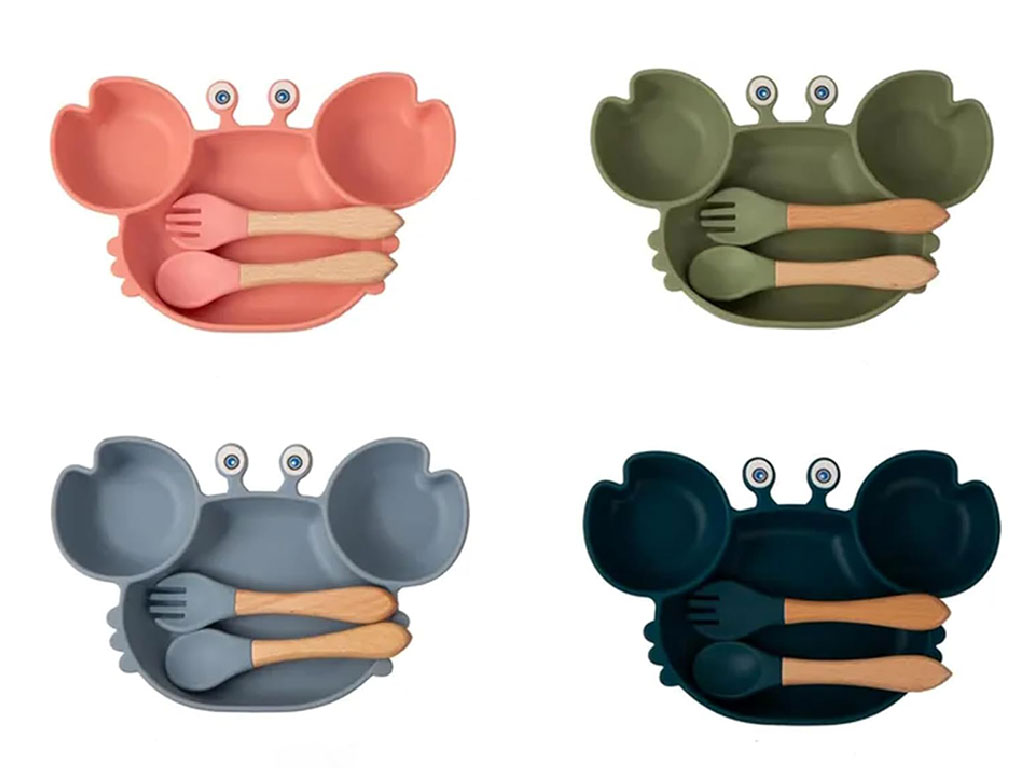 ست ظرف غذا و قاشق چنگال سیلیکونی طرح خرچنگ