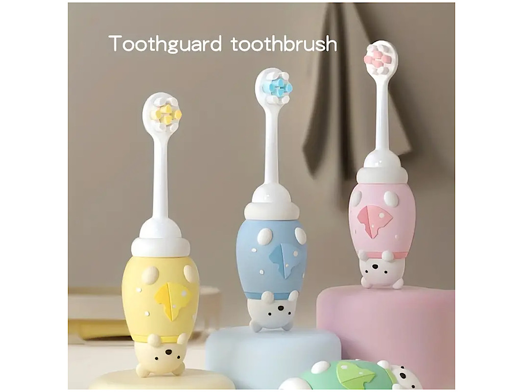 مسواک سیلیکونی چرخشی 360 درجه دوکاره مدل U شکل طرح خرس قاب دار کودک