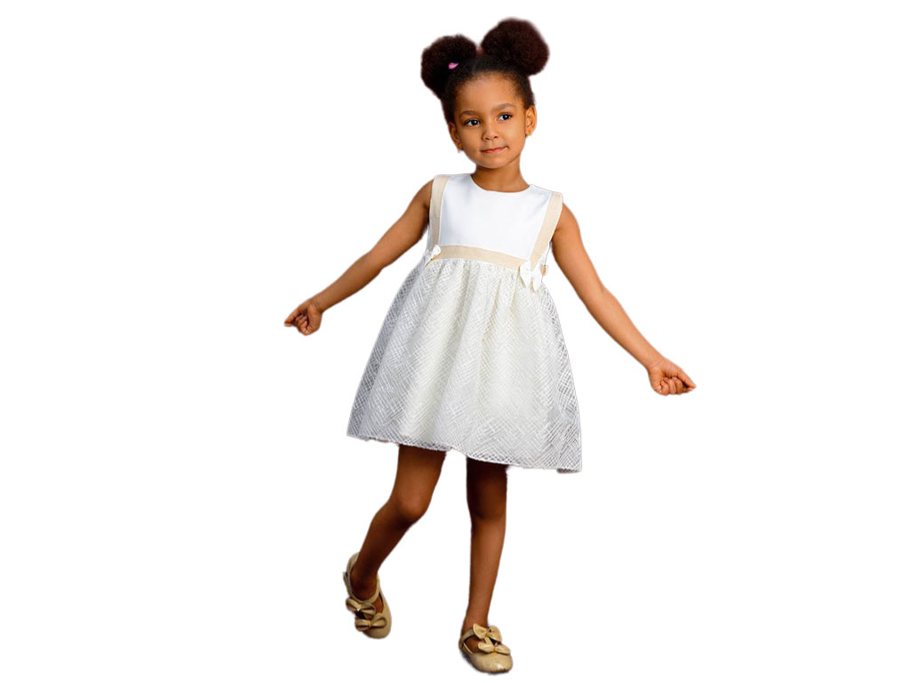 سارافون دخترانه توری رنگ شیری پاپیونی