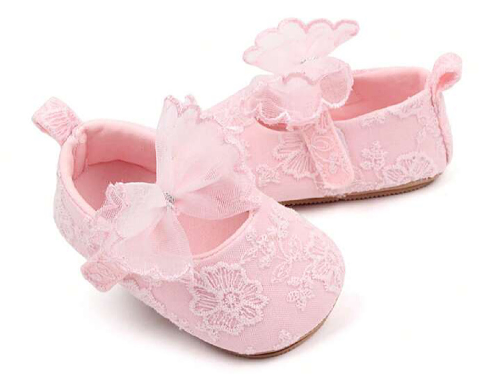 پاپوش صورتی رنگ  استپ دار نوزادی دخترانه طرح پاپیون توری