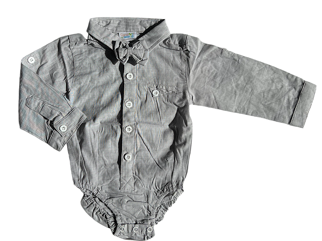 شومیز بادی نوزادی پسرانه همراه با پاپیون رنگ طوسی