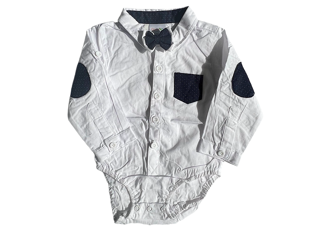 شومیز بادی نوزادی پسرانه رنگ سفید همراه با پاپیون