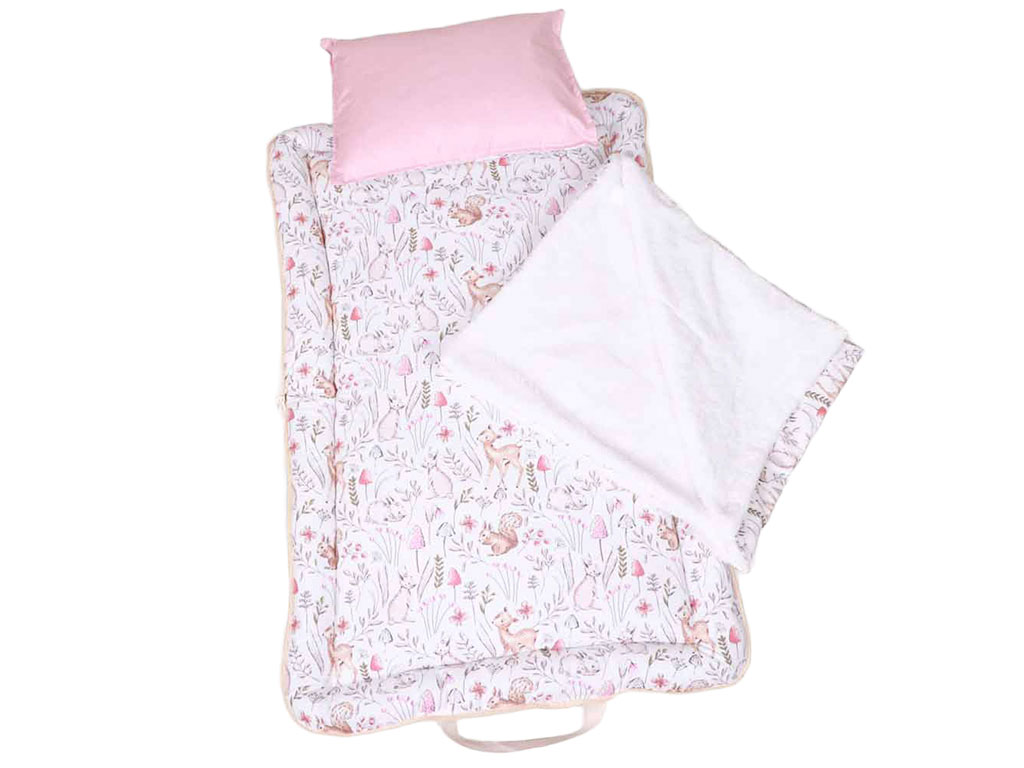 سرویس خواب دم دستی مسافرتی نوزادی مجموعه 3 عددی تشک، لحاف و بالشت با بسته بندی کیفی طرح چمنزار صورتی چرک الا ELA