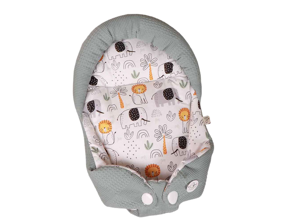 قنداق سوئیسی (آغوش گیر) نوزادی طرح شیر و فیل طوسی-سبز الا ELA