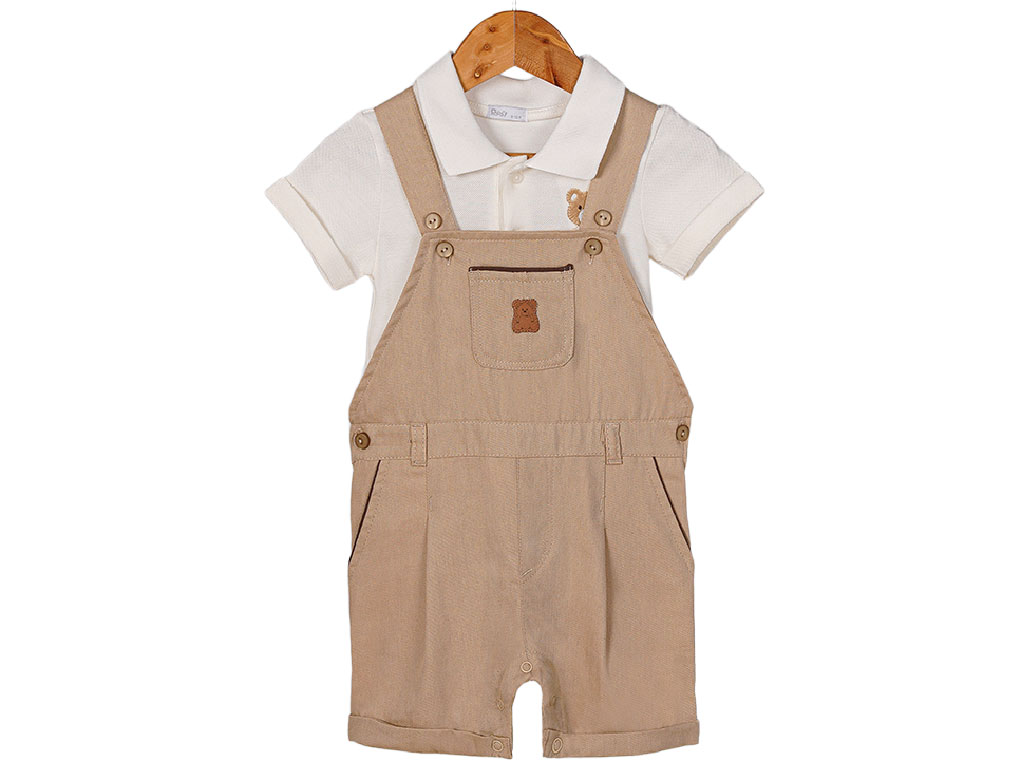 تیشرت و شلوارک پیشبندی نوزادی پسرانه رنگ کرم طرح خرس پاپو papo