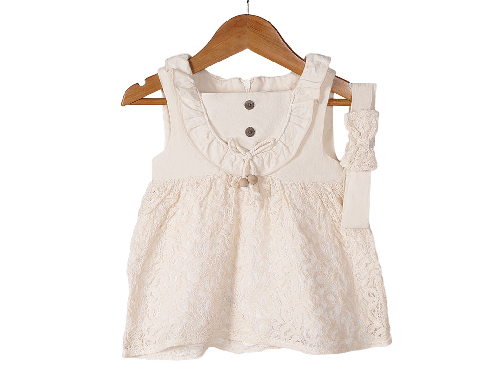 پیراهن گیپور مجلسی و هدبند نوزادی دخترانه رنگ کرم روشن پاپو papo