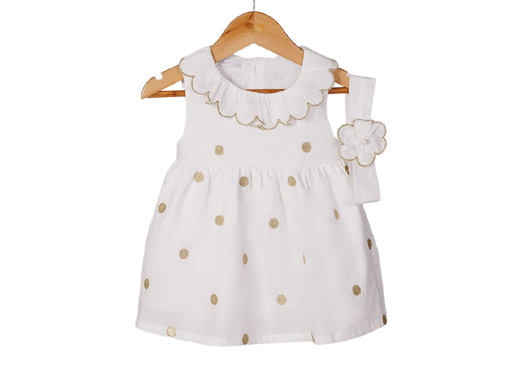 پیراهن و هدبند نوزادی دخترانه رنگ سفید خال های طلایی پاپو papo