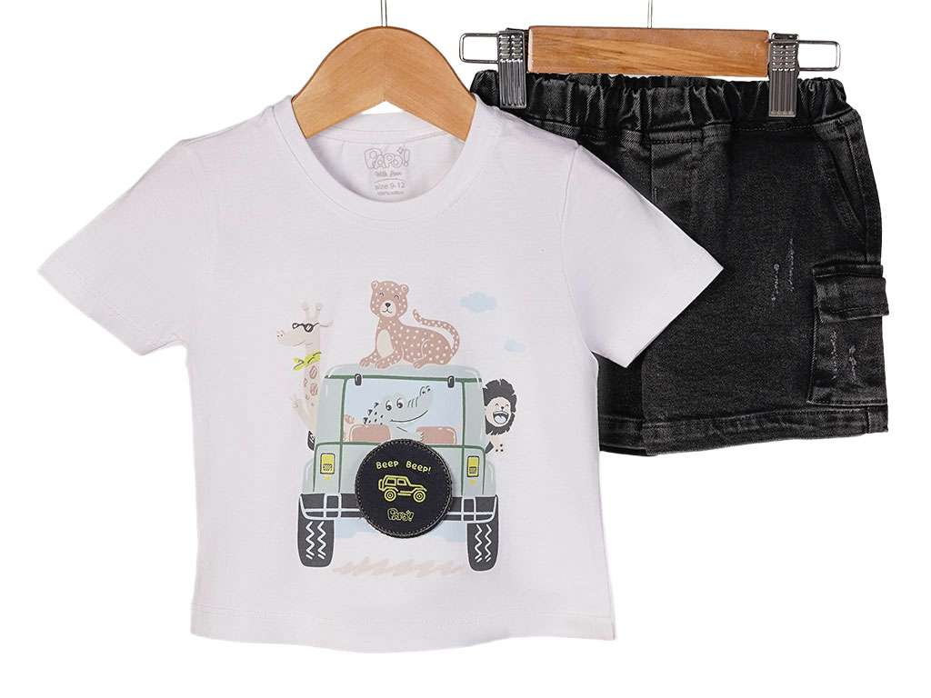 تیشرت و شلوارک جین پسرانه طرح حیوانات ماشین سوار پاپو papo