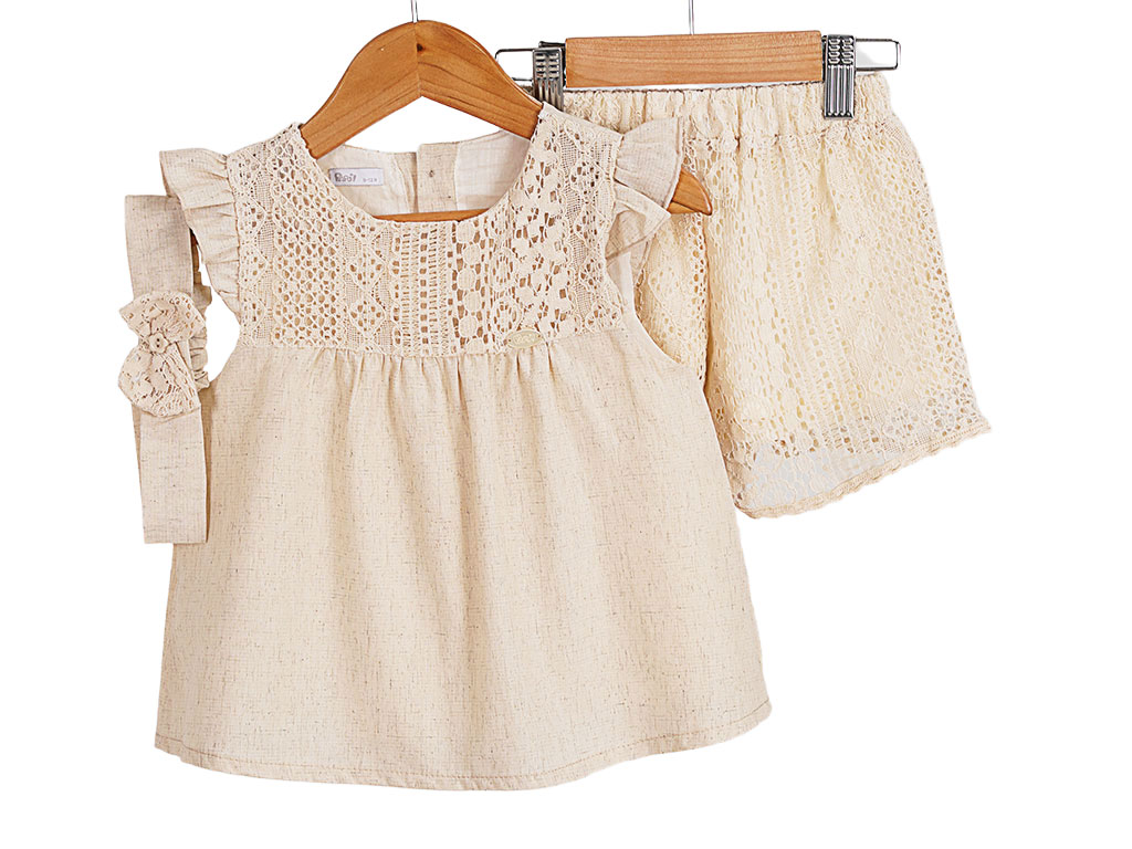 تونیک، شلوارک گیپور و هدبند دخترانه رنگ کرم روشن پاپو papo