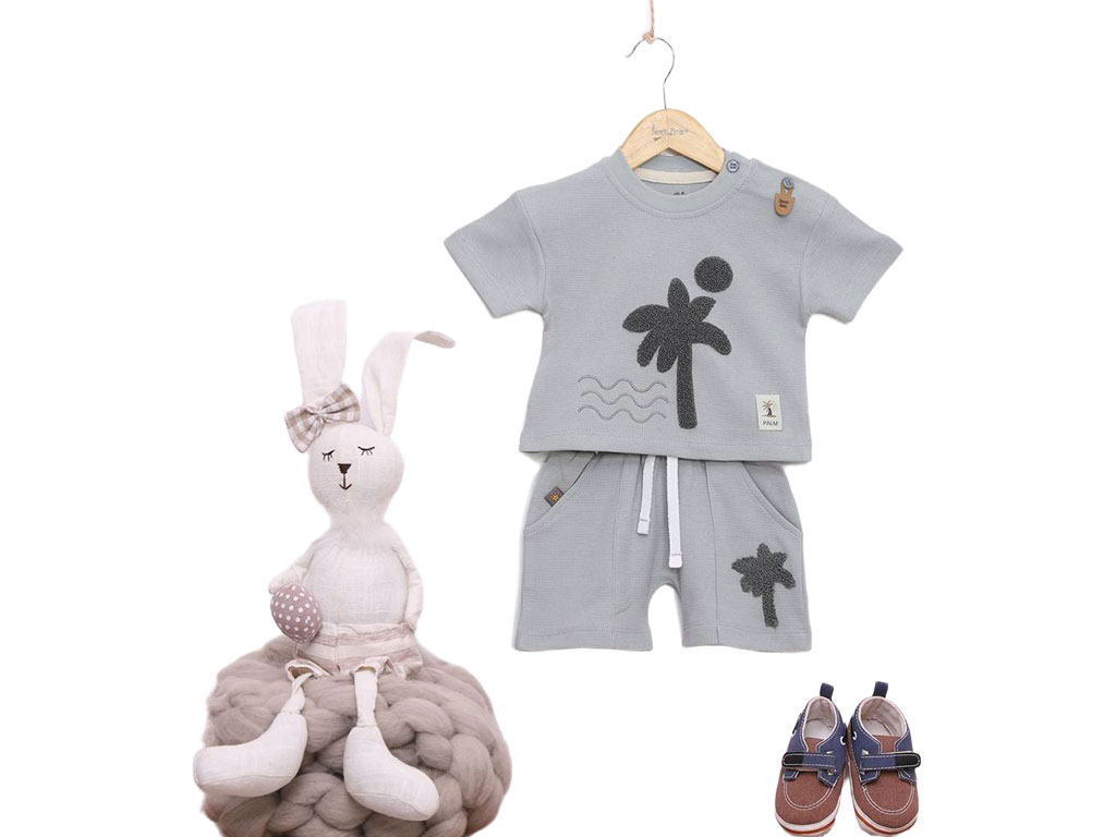 تیشرت و شلوارک راحتی رنگ فیلی روشن طرح شنل دوزی نخل آی نور بیبی Inoor baby