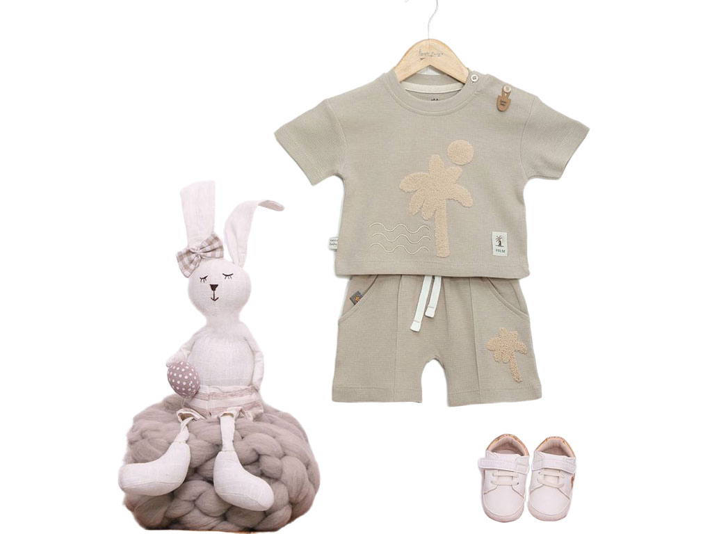 تیشرت و شلوارک راحتی رنگ کرم طرح شنل دوزی نخل آی نور بیبی Inoor baby