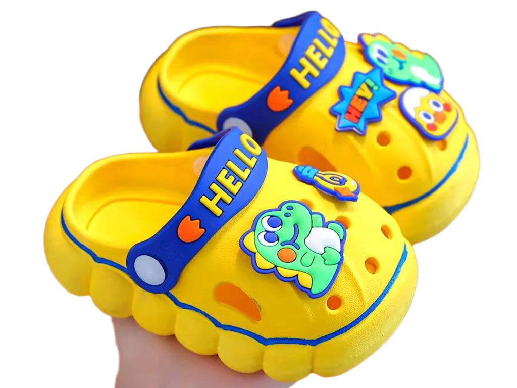 دمپایی رکابدار کراکس بچگانه رنگ زرد مدل HELLO طرح دایناسور