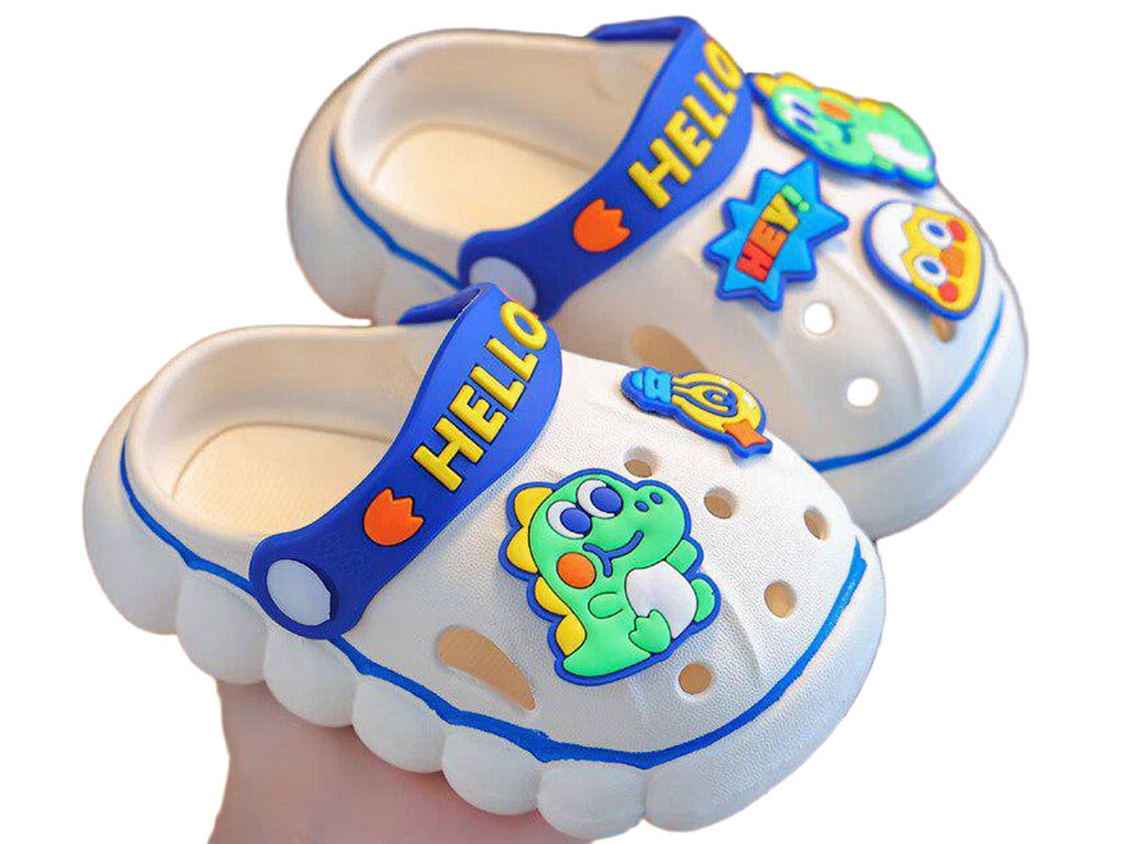 دمپایی رکابدار کراکس بچگانه رنگ سفید مدل HELLO طرح دایناسور