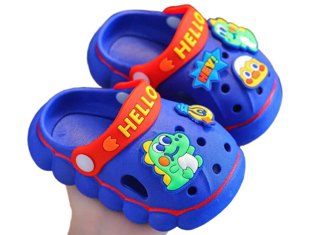 دمپایی رکابدار کراکس بچگانه رنگ سرمه ای مدل HELLO طرح دایناسور