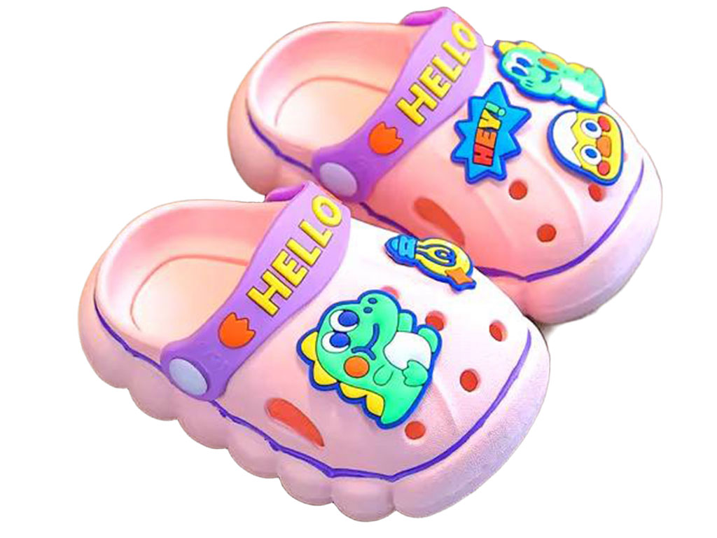 دمپایی رکابدار کراکس بچگانه رنگ صورتی مدل HELLO طرح دایناسور