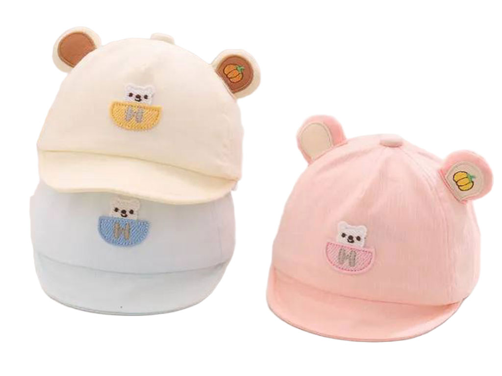 کلاه لبه دار نوزادی طرح گلدوزی شده خرس و H(دور سر 41cm)