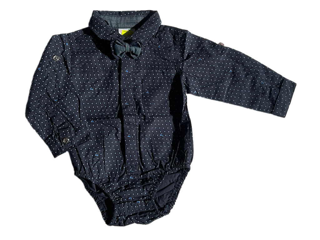 شومیز بادی نوزادی پسرانه رنگ سرمه ای طرح دار همراه با پاپیون