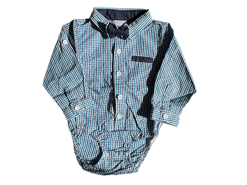 شومیز بادی نوزادی پسرانه طرح چهارخانه همراه با پاپیون