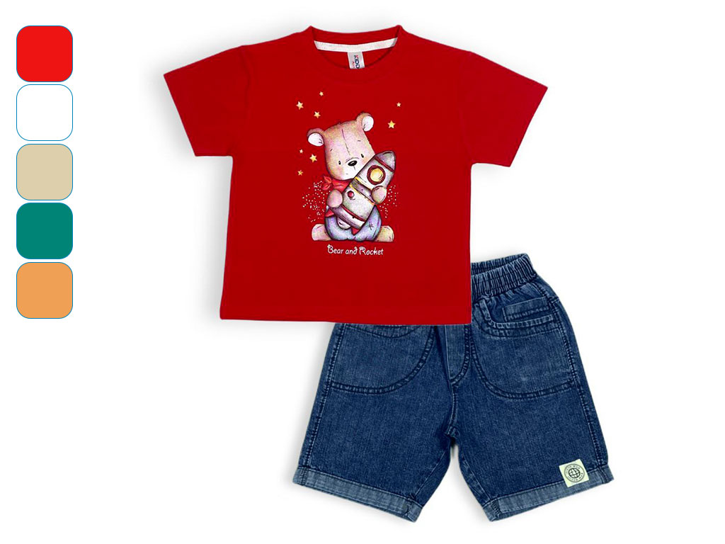 تیشرت و شلوارک جین راحتی 3 سال طرح خرس و موشک کیدو مکس kido max