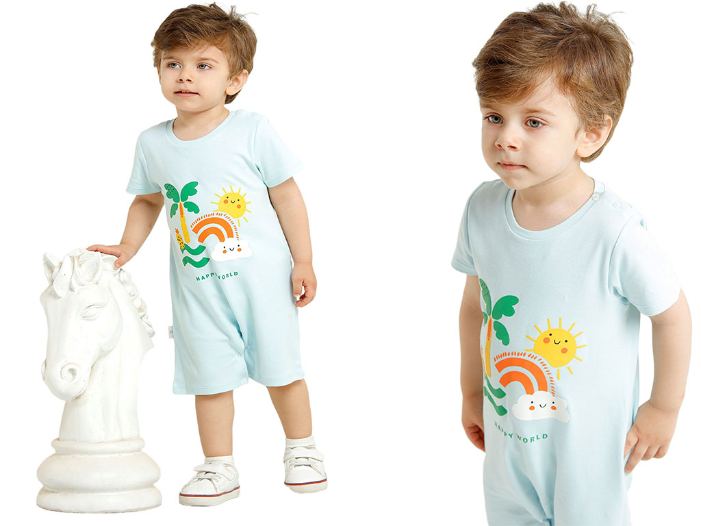 رامپر نوزاد و کودک پسرانه رنگ آبی طرح Happy world لاوی داوی Loveydovey
