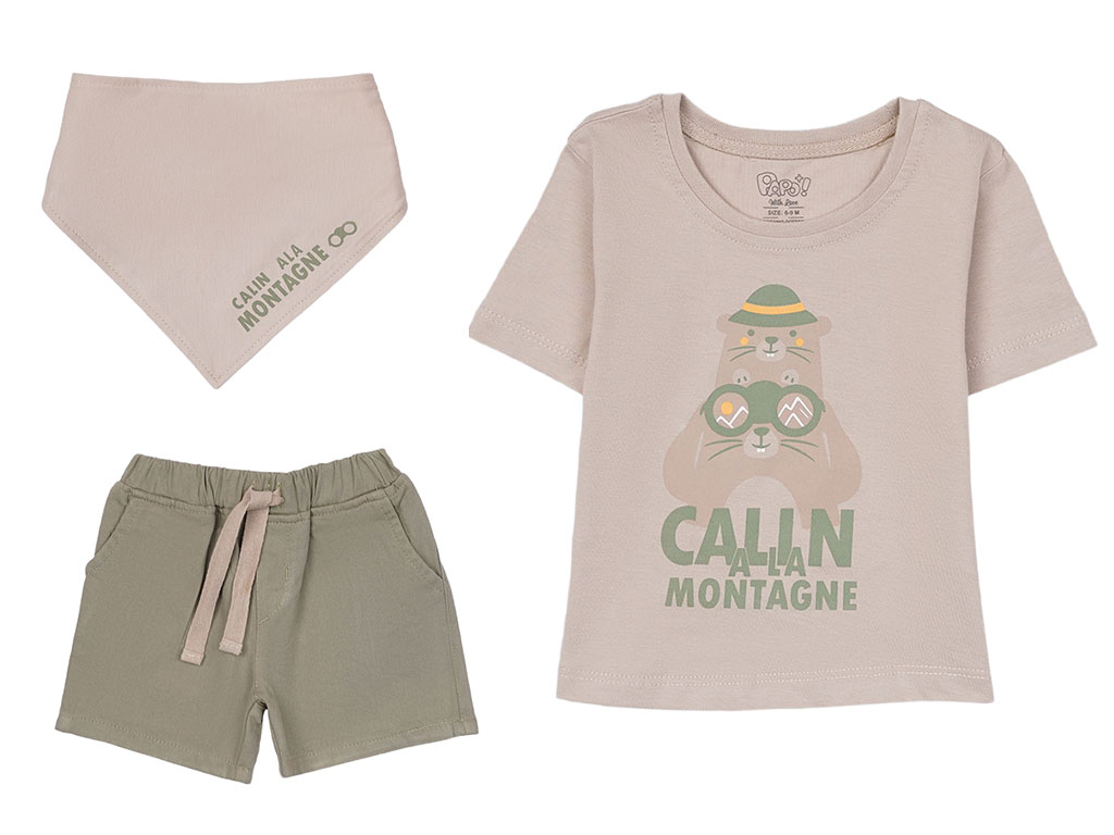 تیشرت و شلوارک کتان به همراه دستمال گردن پسرانه طرح سمور آبی پاپو Papo