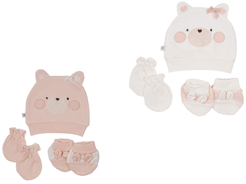ست کلاه، دستکش و پاپوش نوزادی دخترانه طرح خرس پاپو papo