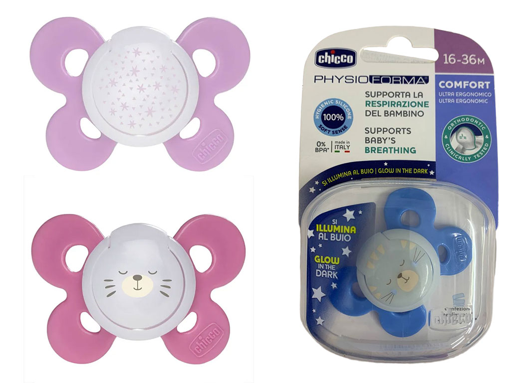پستانک سیلیکونی ارتودنسی فیزیو کامفورت مدل شبرنگ 16 الی 36 ماه چیکو Chicco