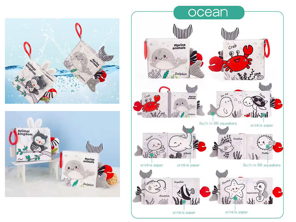 کتاب حمام پارچه ای نوزادی جغجغه ای طرح حیوانات هپی مانکی happy monkey