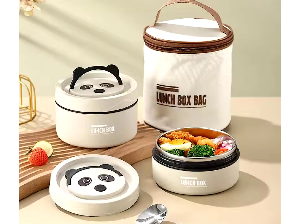 فلاسک غذا دو عددی داخل استیل و  کیف عایق غذا طرح پاندا