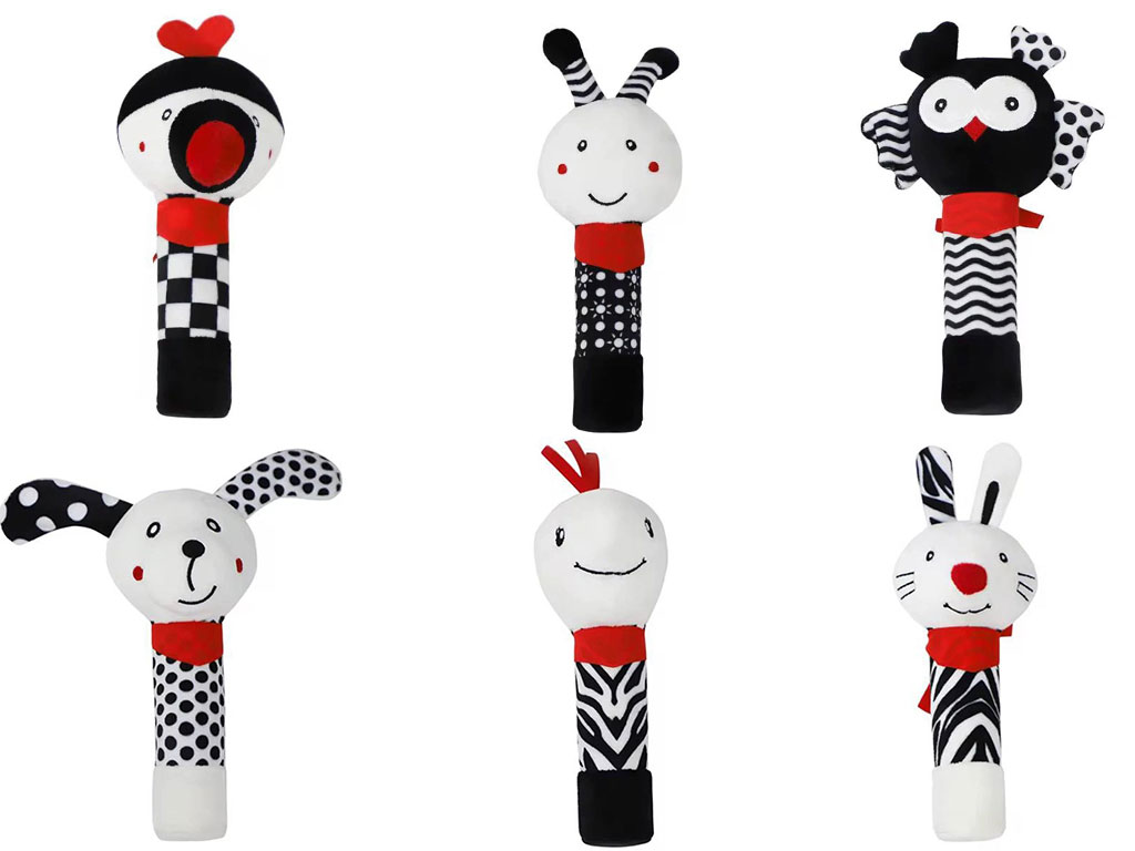 جغجغه سوسیسی نوزادی طرح قرمز مشکی حیوانات بی بی اسکای bb sky