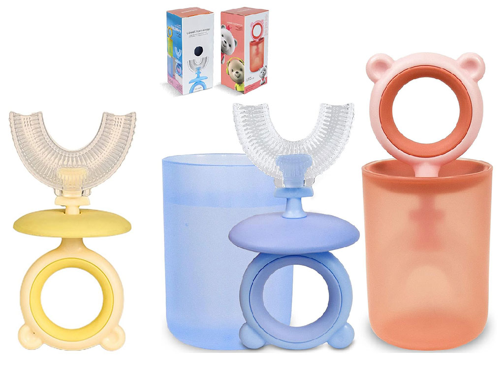 مسواک سیلیکونی چرخشی 360 درجه کودک مدل U دارای درپوش طرح خرس