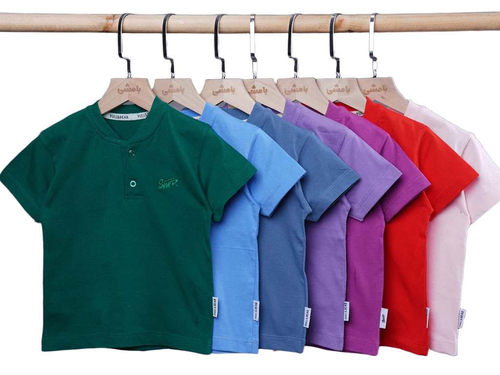 تیشرت یقه ژاپنی جلو دکمه 3-2 سال طرح گلدوزی شده STWD بامشی bamshi