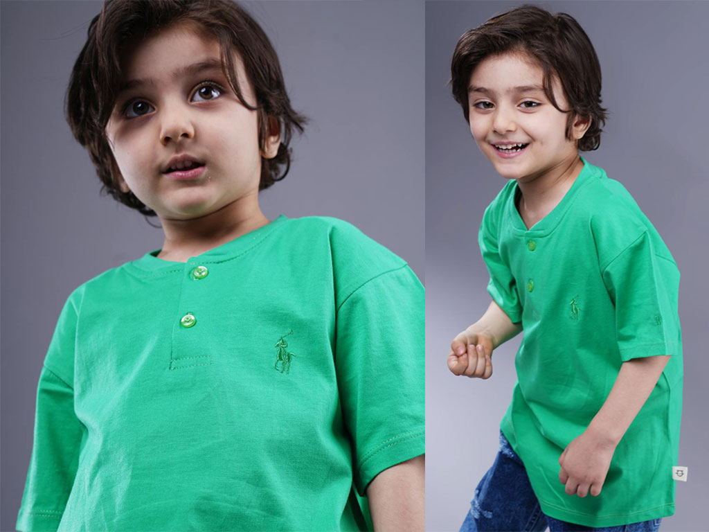 تیشرت یقه ژاپنی جلو دکمه 3-2 سال طرح گلدوزی شده polo بامشی bamshi