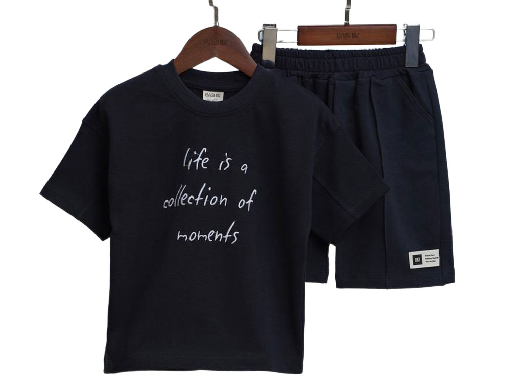 تیشرت و شلوارک نوزاد و کودک رنگ زغالی طرح گلدوزی شده life بشیر bashir