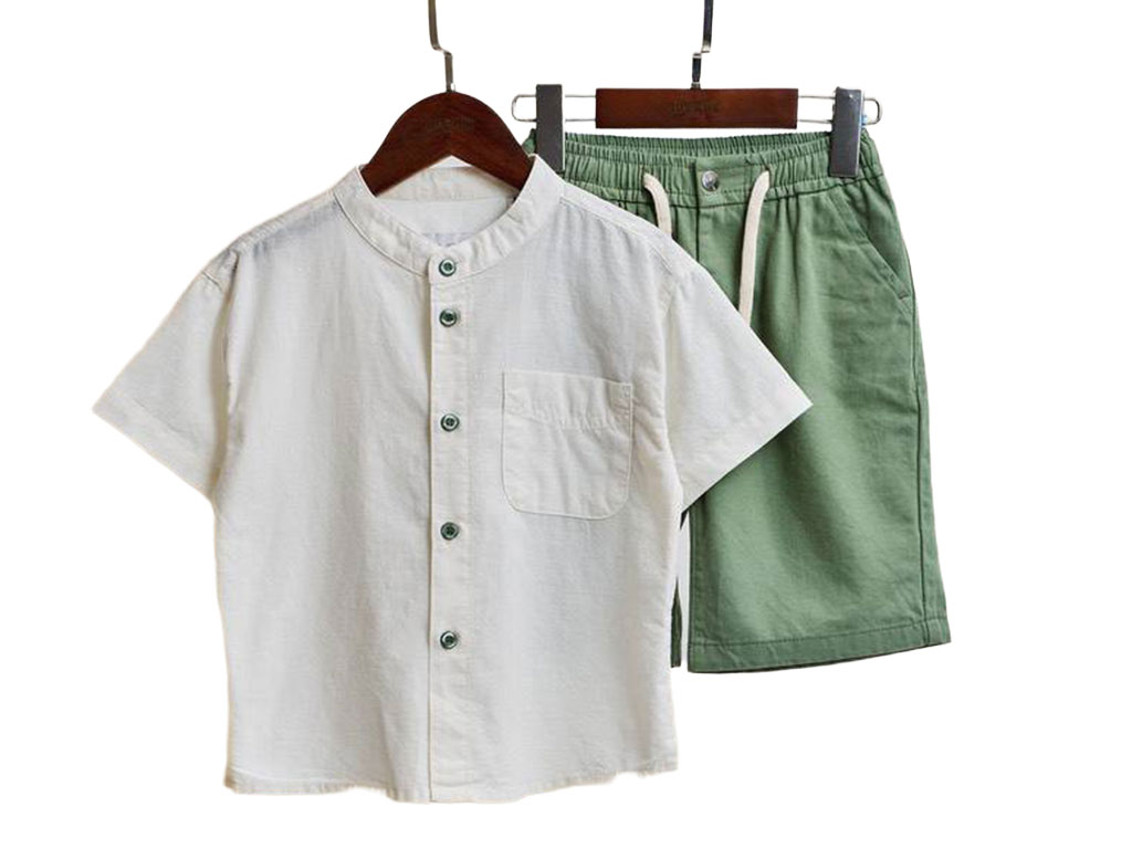 شومیز و شلوارک کتان رنگ سبز صدری نوزاد و کودک بشیر bashir