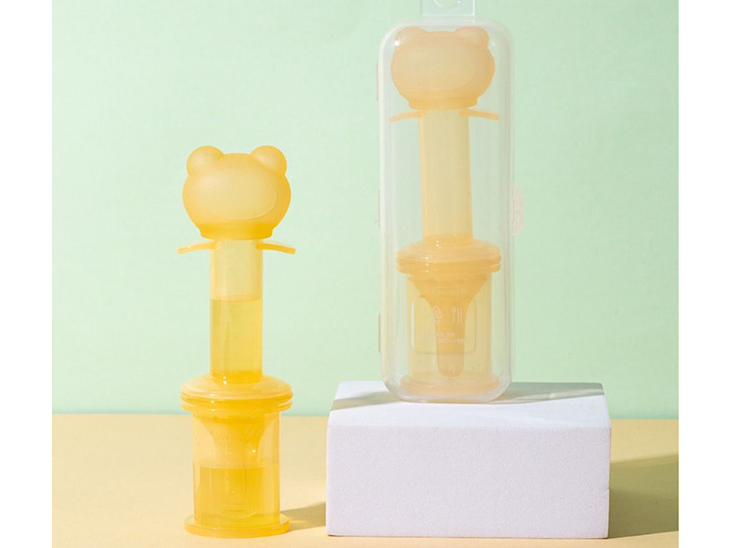 داروخوری نوزادی طرح سرنگ پایه دار رنگ کاراملی با طرح گربه