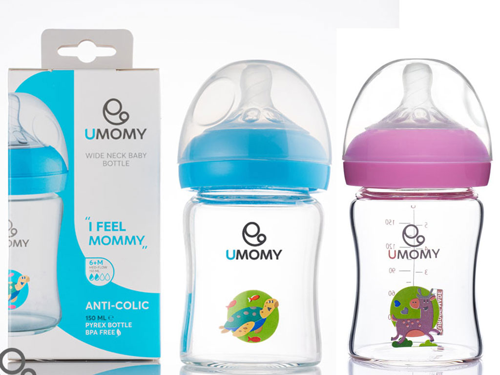 شیشه شیر پیرکس آنتی کولیک دهانه عریض حجم 150 میل 2 قطره بالای 6 ماه یومامی umomy