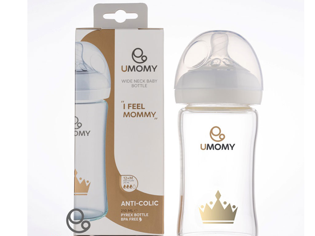 شیشه شیر پیرکس آنتی کولیک دهانه عریض حجم 210 میل 3 قطره بالای 12 ماه یومامی umomy
