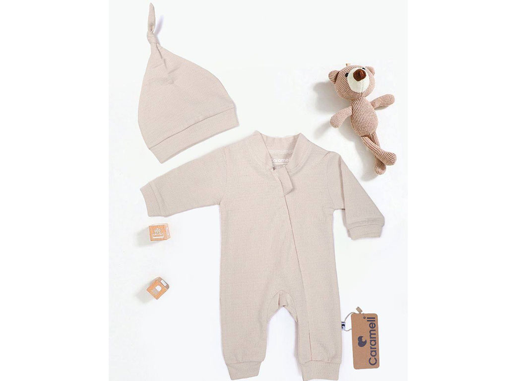 سرهمی نوزادی کلاه دار کرم رنگ کارامل caramell