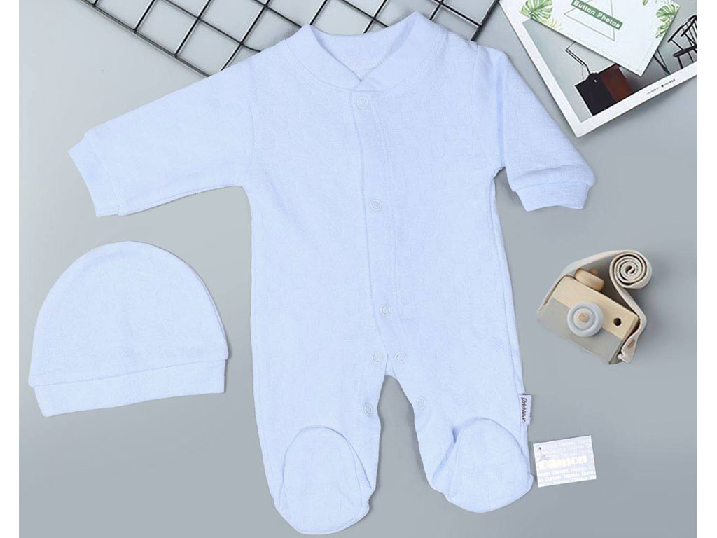 ست سرهمی پسرانه آبی رنگ جورابدار و کلاه نوزادی دامون damon