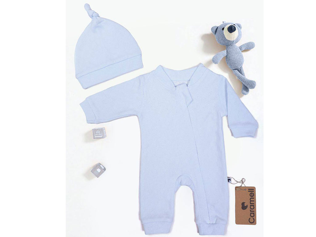 سرهمی نوزادی کلاه دار پسرانه آبی رنگ کارامل caramell