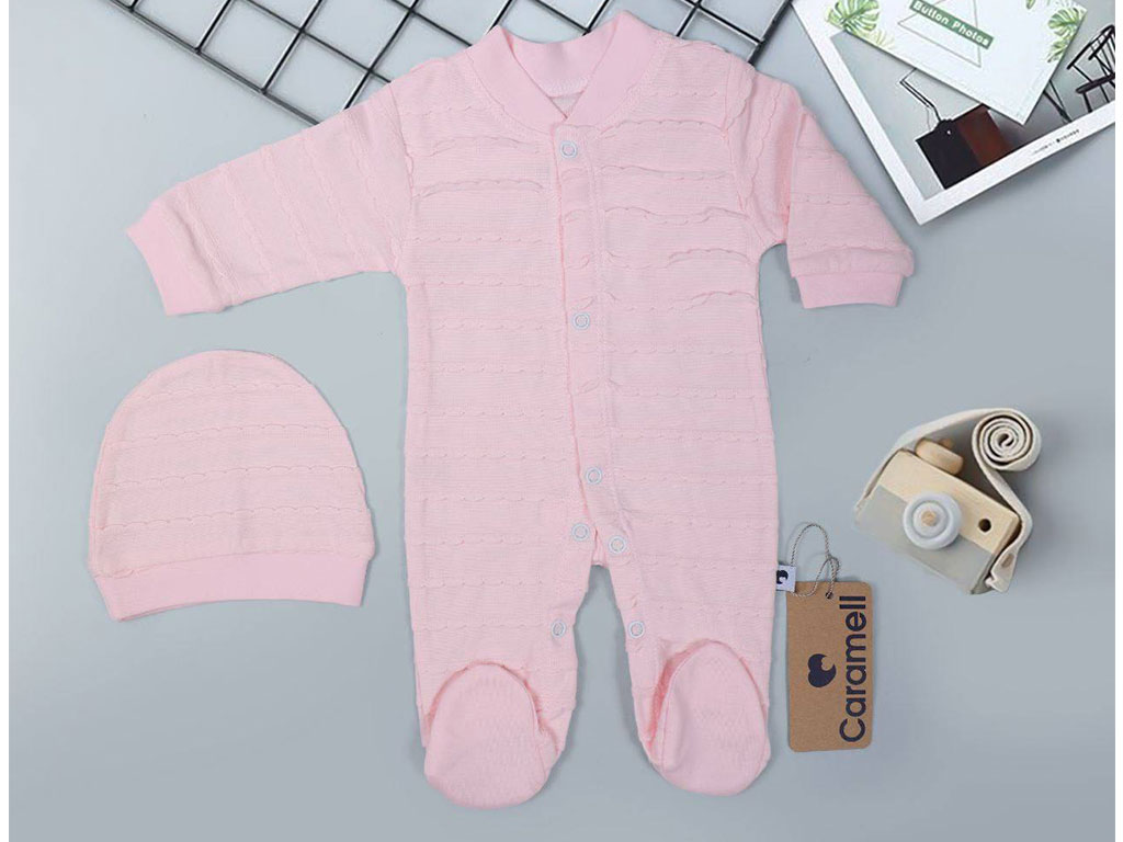 سرهمی نوزادی جوراب و کلاه دار دخترانه صورتی رنگ کارامل caramell